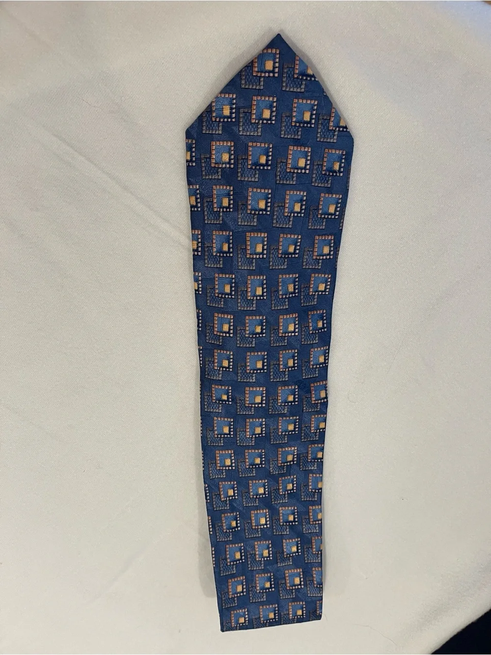 Ermenegildo Zegna Blue Silk Tie with Tan Geometric Squares